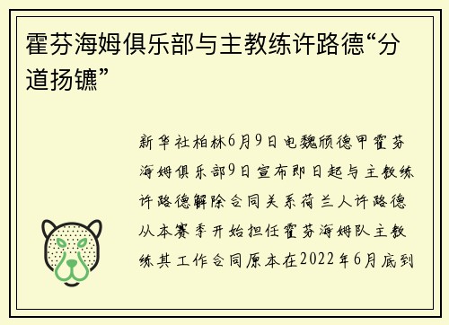 霍芬海姆俱乐部与主教练许路德“分道扬镳”